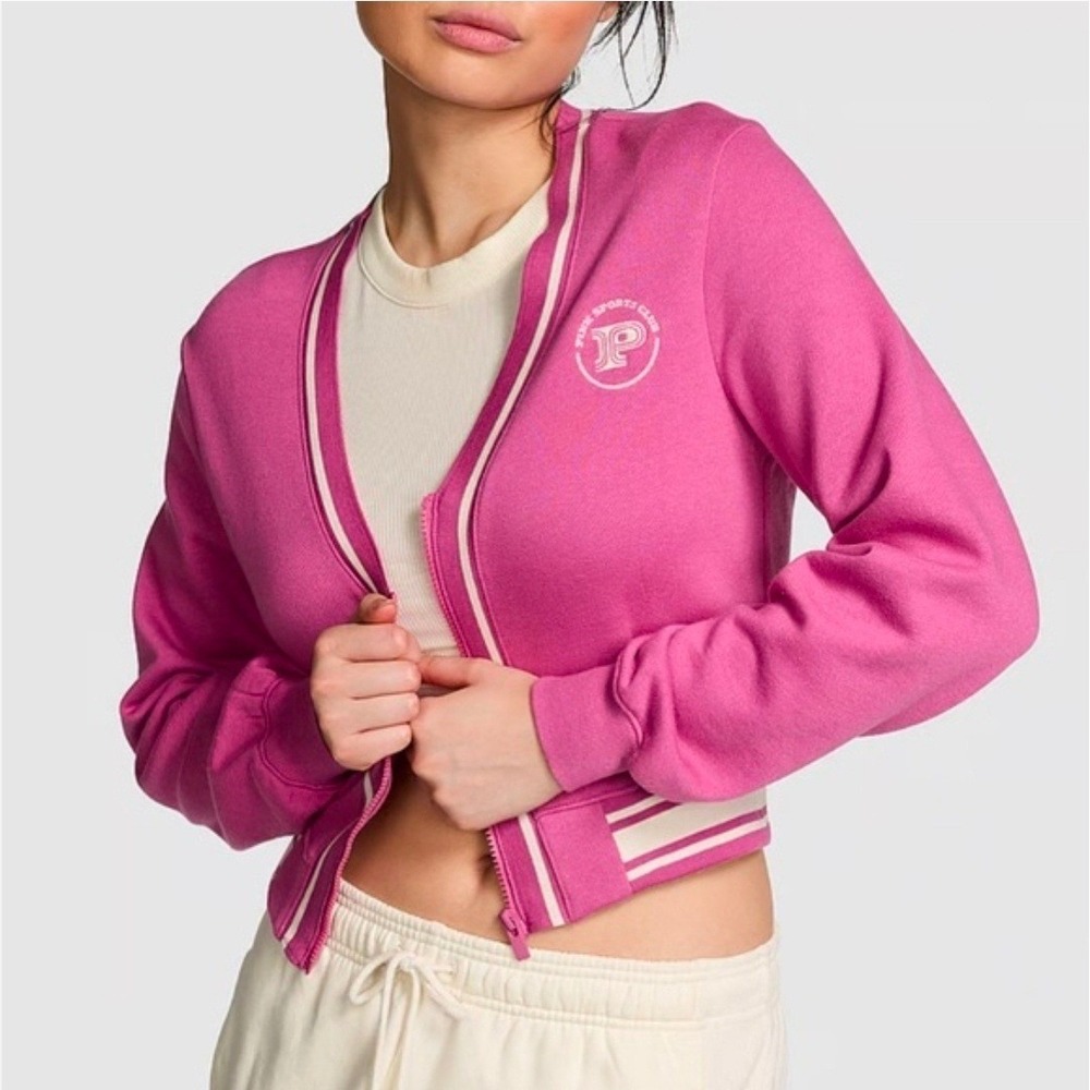 PINK Victoria's Secret Sports Club Zip Up Cropped Cardigan Hot Pink‎ Size L